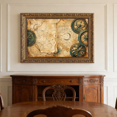 Art mural en toile noyer doré encadré pour salon, chambre à coucher, bureau ou vestibule - décoration murale décorative avec boussole rétro