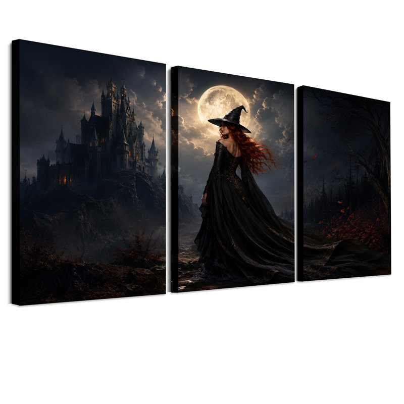 Ensemble de 3 toiles murales pour l'Halloween : Sorcière rousse face à un château sombre, H 24 po x l 16 po x 3 pièces