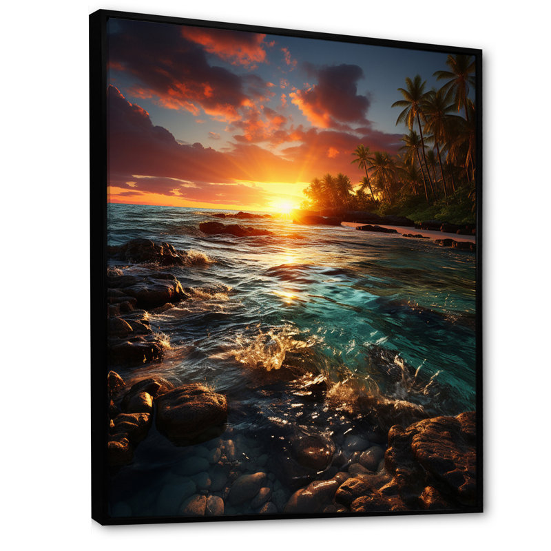 Plage, coucher de soleil, sérénade sur toile, L 34 po x H 44 po, Cadre flottant noir
