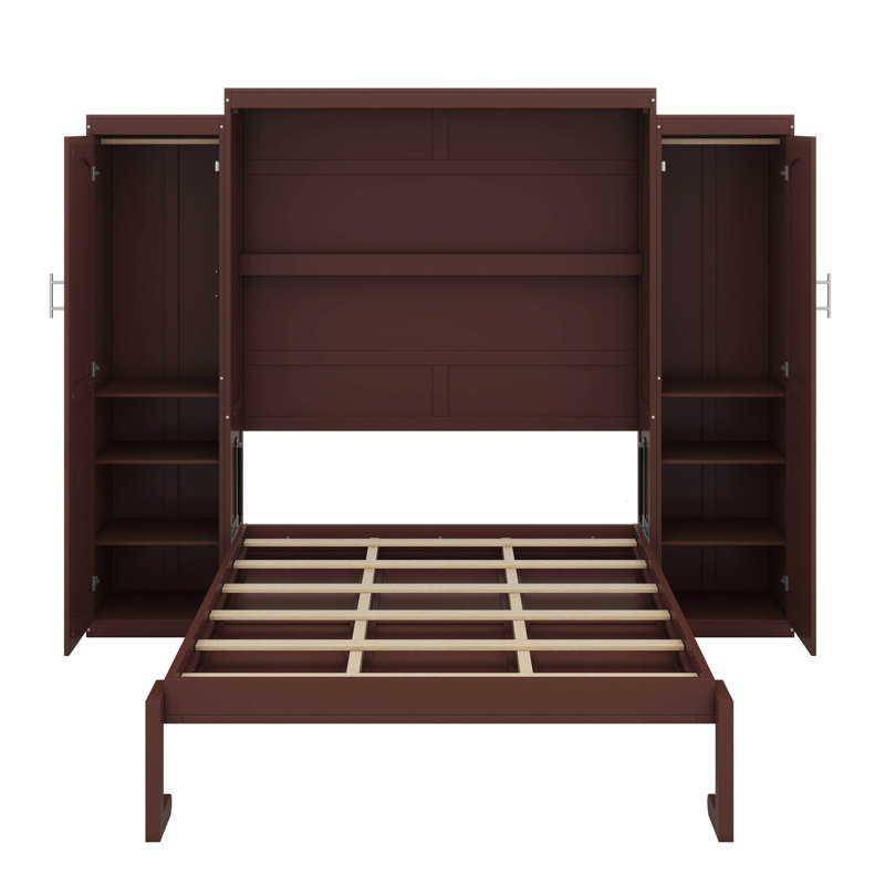Full Size Murphy Bed Wall Cabinet With 2 Wardrobe And Storage Shelf, Wooden Murphy Cube Wall Bed,Multifunctional Foldable Wall Platform Bedframe For Guest-Room