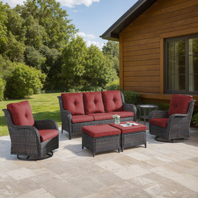 Wendye 6-Piece Outdoor Wicker Patio Set With Swivel Rockers, 3-Seater Sofa & Ottomans