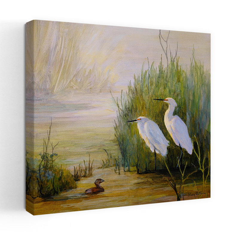 Aigrettes et grèbes, art de la faune côtière, H 48 po x l 48 po