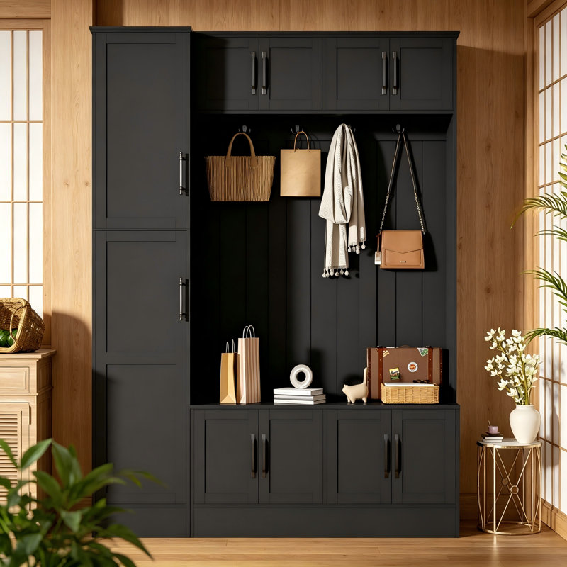 79-Inch Black All-In-One Foyer Shelf, 4-In-1 Multi-Functional Design With Shoe Cabinet, Six Compartments, Hooks And Adjustable Shelves.