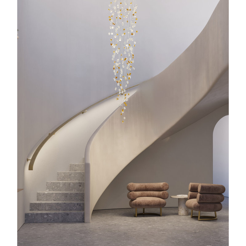 Lustre 9 lumières en laiton avec pierres de verre transparent et ambre, Laiton