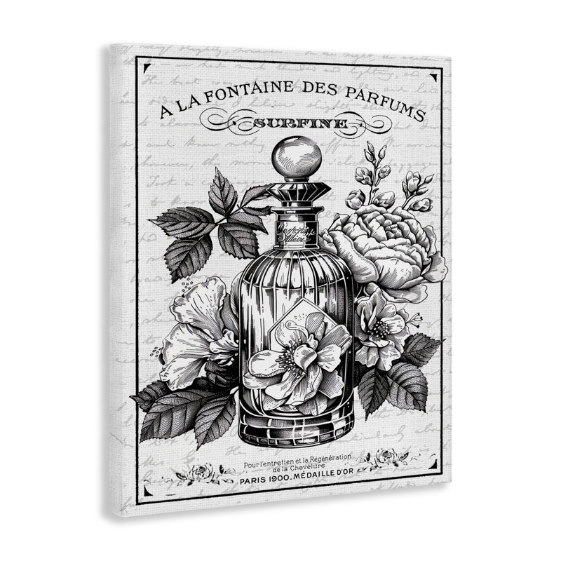 Toile de parfum et de fleurs rétro française, design par lettré et doublé, H 40 po x l 30 po