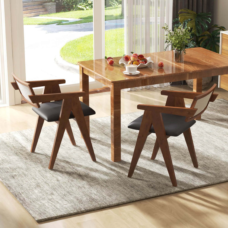 Ensemble de 4 chaises d'appoint modernes avec coussins de siège et dossier en sherpa Leathaire, Similicuir noir, Noyer