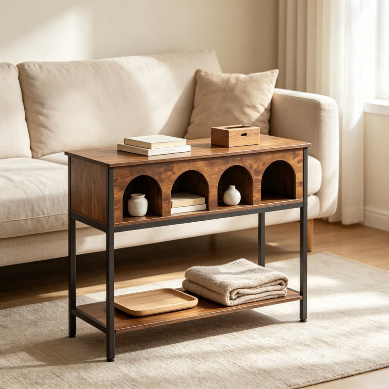 Console étroite avec rangement à 3 niveaux, table de vestibule au design arqué, table de canapé peu encombrante pour le salon, le couloir et l'entrée, brun rustique et noir