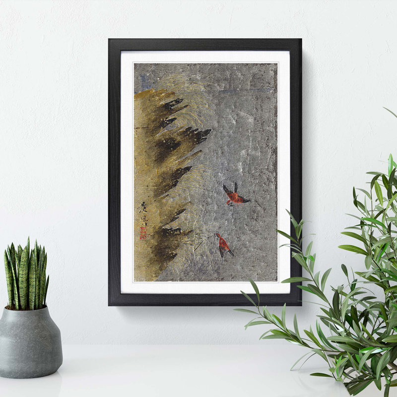 Two Birds by Shibata Zeshin - Framed Print, 48cm H x 36cm W x 2cm D, Black Framed