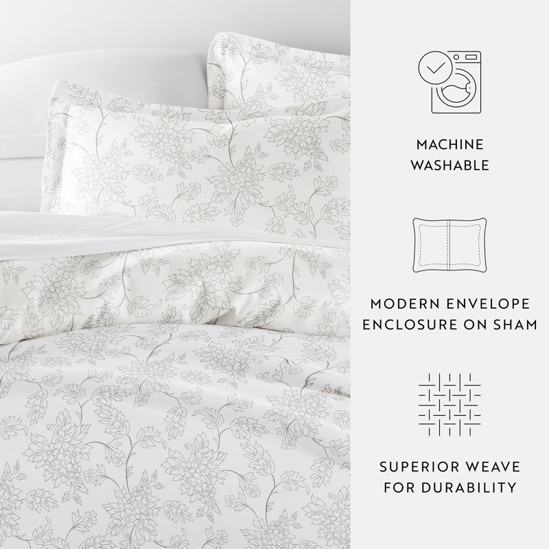 Gray Floral Microfiber Queen Duvet Cover Set with Pillow Shams