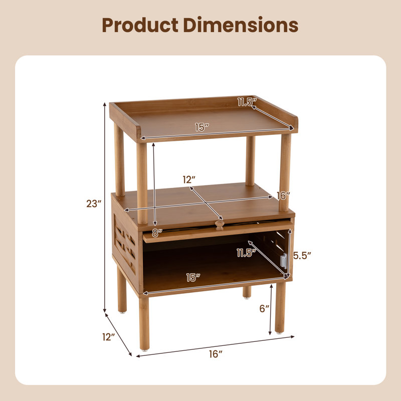Table de chevet en rotin de bambou avec table d'appoint et porte rabattable