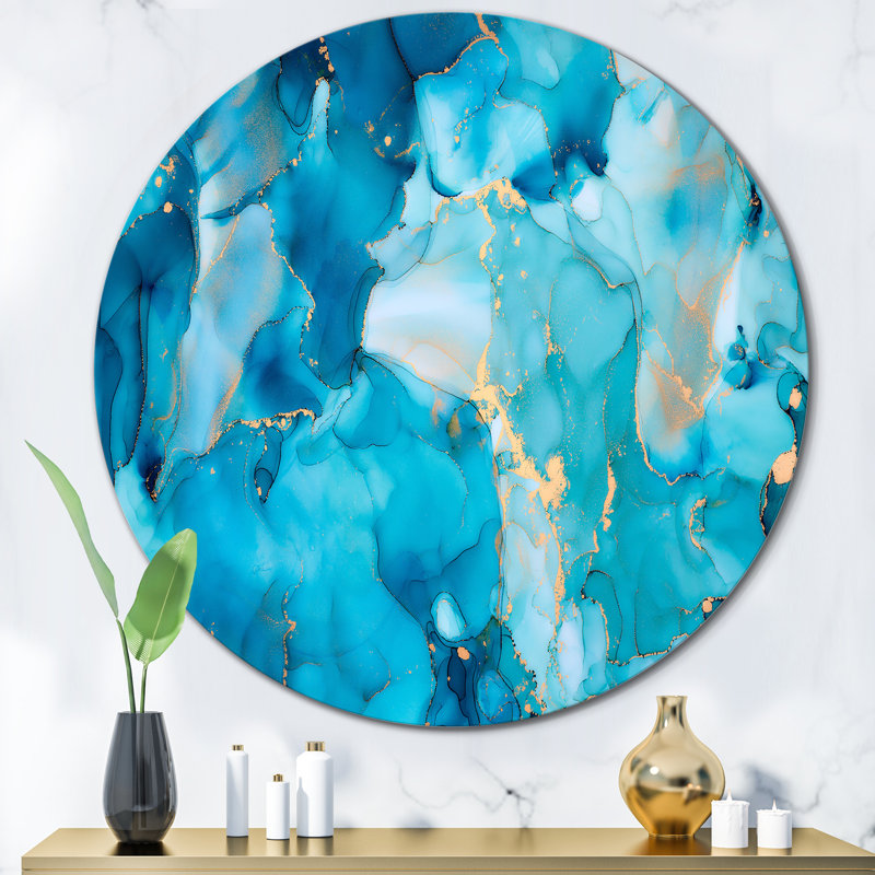Turquoise, luxe abstrait, art fluide I - art mural moderne en métal, H 36 po x l 36 po x P 1 po