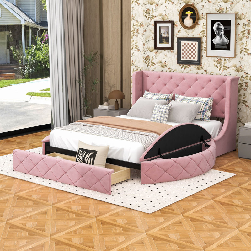 Grand lit plateforme tapissier en velours avec tête de lit à oreilles et rangement spacieux, Rose