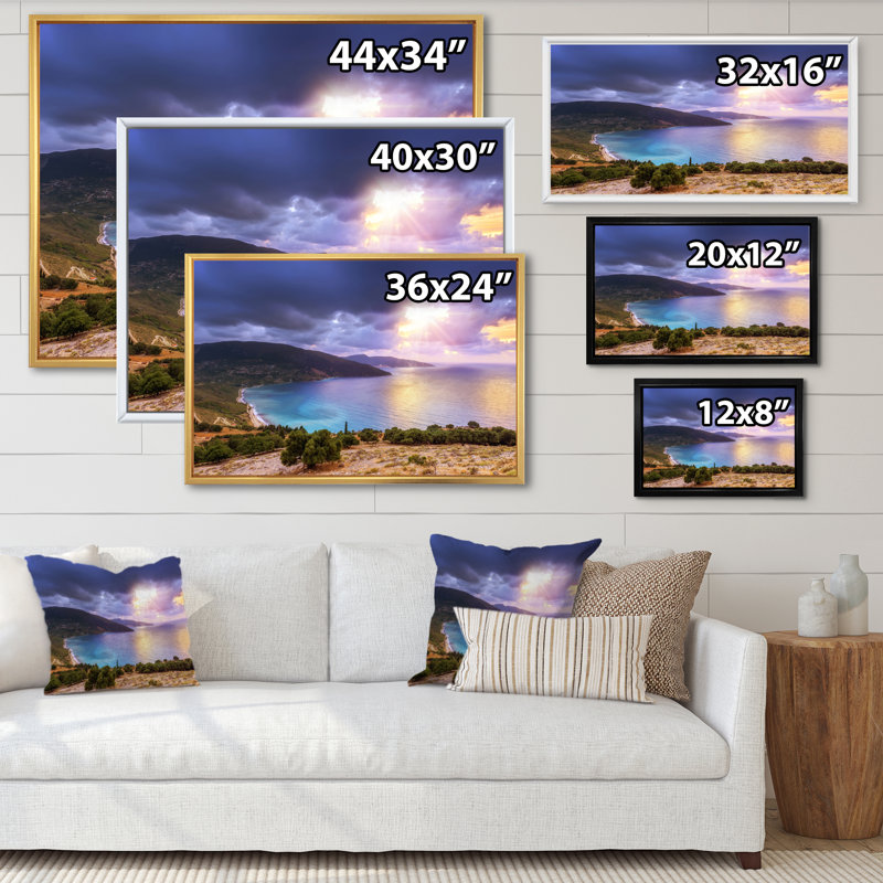 Été coucher de soleil sur la mer - art mural sur toile nautique et côtier, H 32 po x l 16 po x P 1 po, Cadre flottant noir