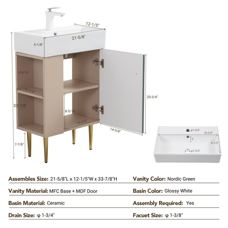 Meuble-lavabo de salle de bain avec ouverture de porte à droite et tablette ouverte à gauche, Vert