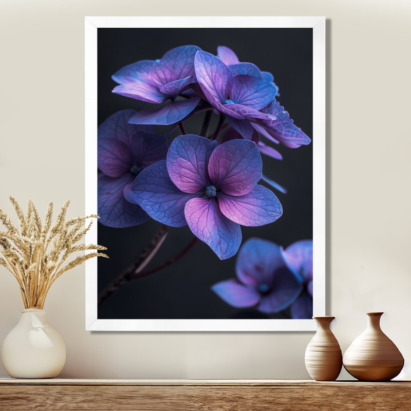 Beauté éthérée, hortensia bleu mauve, photo I - décoration murale hortensia, Cadre simple blanc, H 30 po x l 40 po