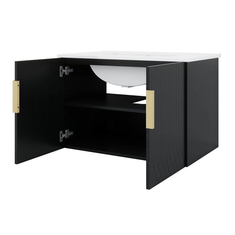 Meuble-lavabo de 60 po avec lavabo en céramique et meuble-lavabo avec 2 portes à fermeture douce, Noir