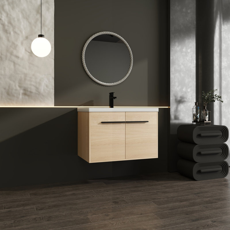 Oak 30 Inch Bathroom Vanity With Resin Countertop Sink, 2 Doors Bathroom Cabinet Set