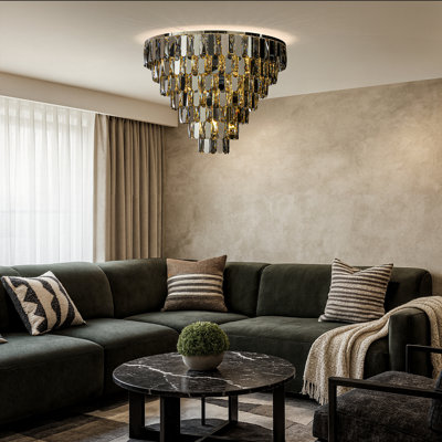 4-light Dimmable 3-tier Smoked Crystal Flush Mount Ceiling Light 14" Round Low Profile Chandelier With Polished Nickel Finish And Stainless Steel Accents For Dining Room, Entryway
