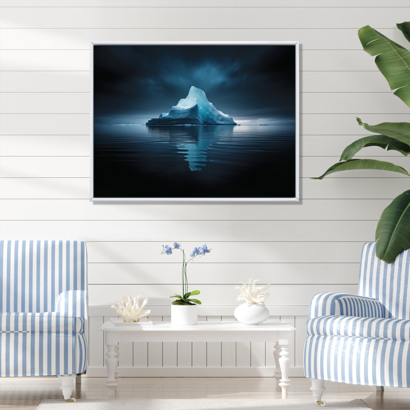 " Blue Black Iceberg Frozen Embrace ", H 34 po x l 44 po x P 1,5 po, Cadre flottant blanc