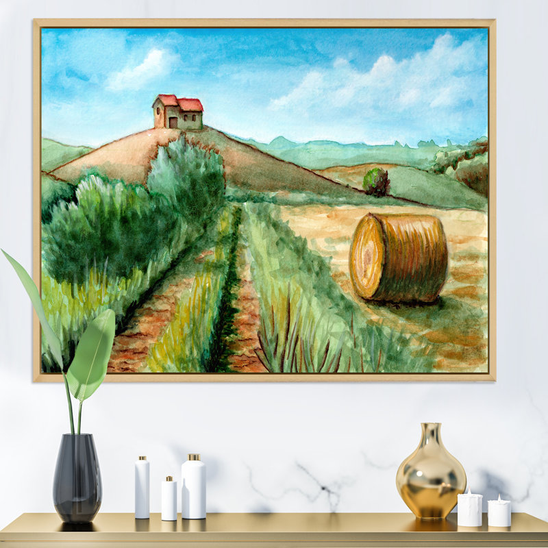 Paysage de récolte champêtre - Peinture sur toile, H 34 po x l 44 po, Cadre flottant en érable