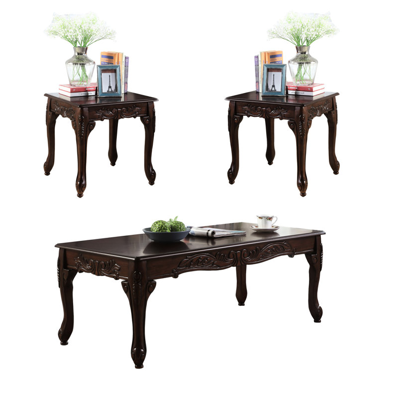 Table basse et table de bout en cerisier foncé 3 pièces, style fleuri, rectangulaire, rectangulaire pour le salon, avec détails élégants