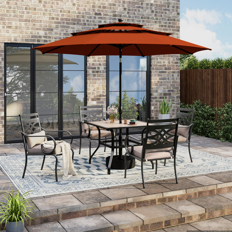 Anjanette 4 - Person Patio Dining Set Umbrella Hole Included Square Table with Cushions Included, Orange