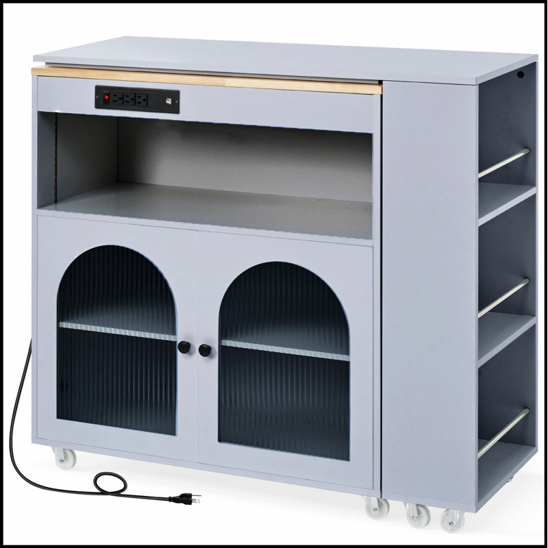Rolling Kitchen Island with Extended Table and LED Lights, for Flexible and Functional Kitchen Organization, Gray