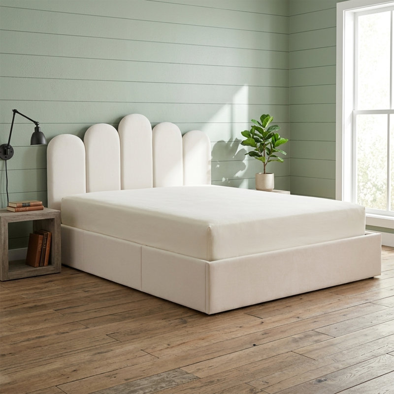 Lit plateforme tapissier Petal Palm, Double, Blanc