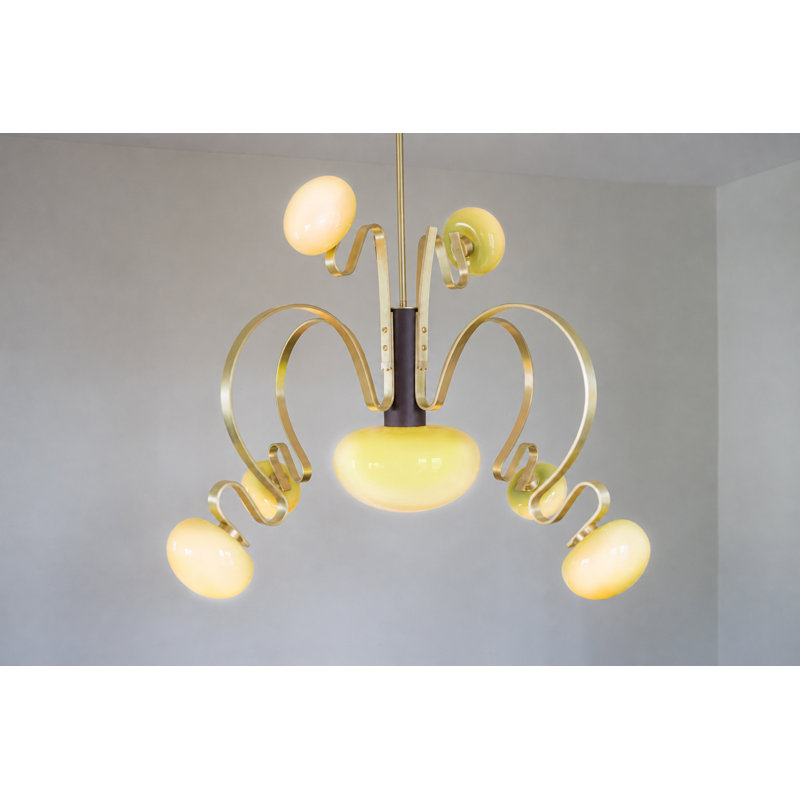 7 - Light LED Chandelier, 42in Suspension Rod, Pistachio, Waxed Brass
