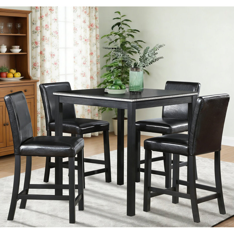 Ensemble de table 5 pièces à hauteur de comptoir avec table carrée et 4 chaises rembourrées, Noir