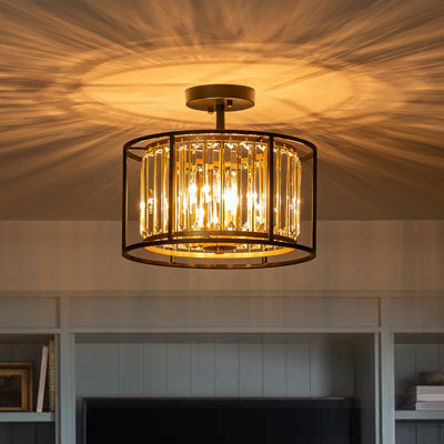Transitional 3-Light Two-Tone Open Cage Crystal Drum Semi Flush Ceiling Light