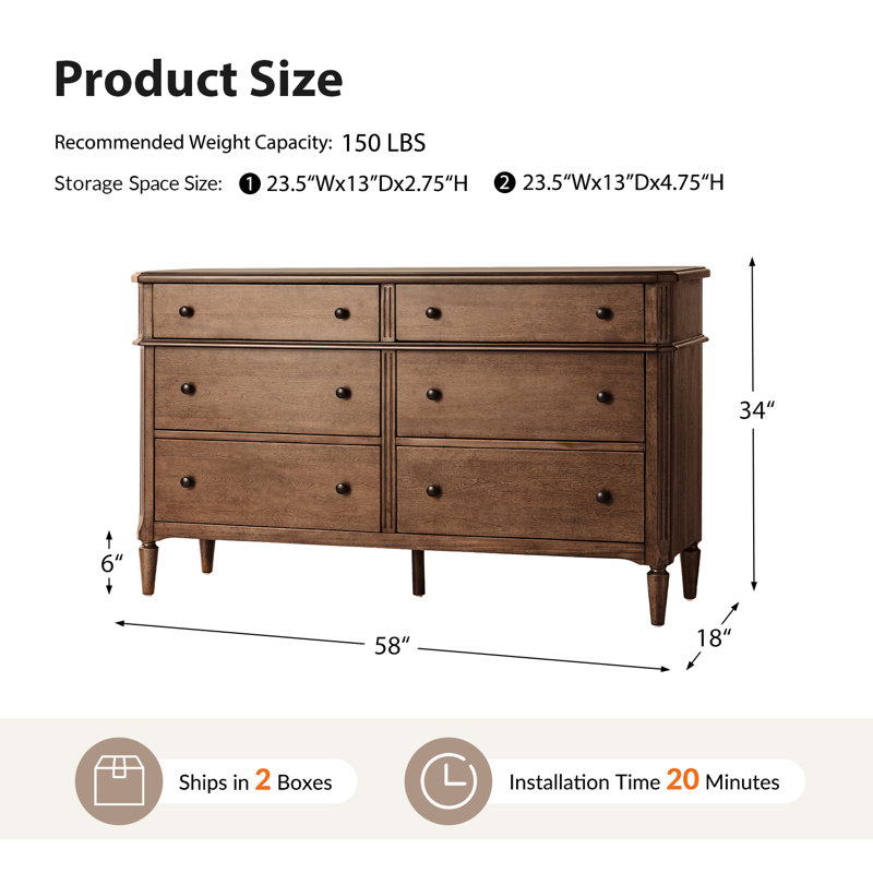 Isabel Transitional 58''W 6-Drawer Solid Wood Dresser Simple Assembly