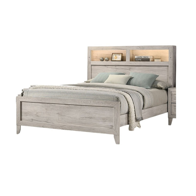 Lit simple 1 chambre simple avec tablettes de tête de lit et mobilier contemporain blanc clair délavé, Grand