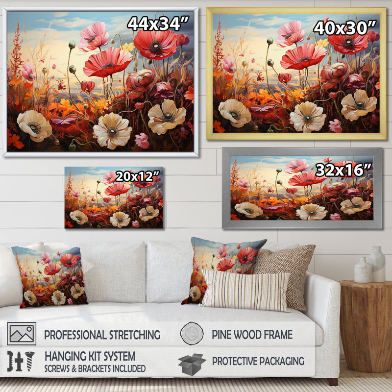 «Pink Crimson Flower Meadow Field V», reproduction sur toile, Cadre flottant doré, H 16 po x l 32 po