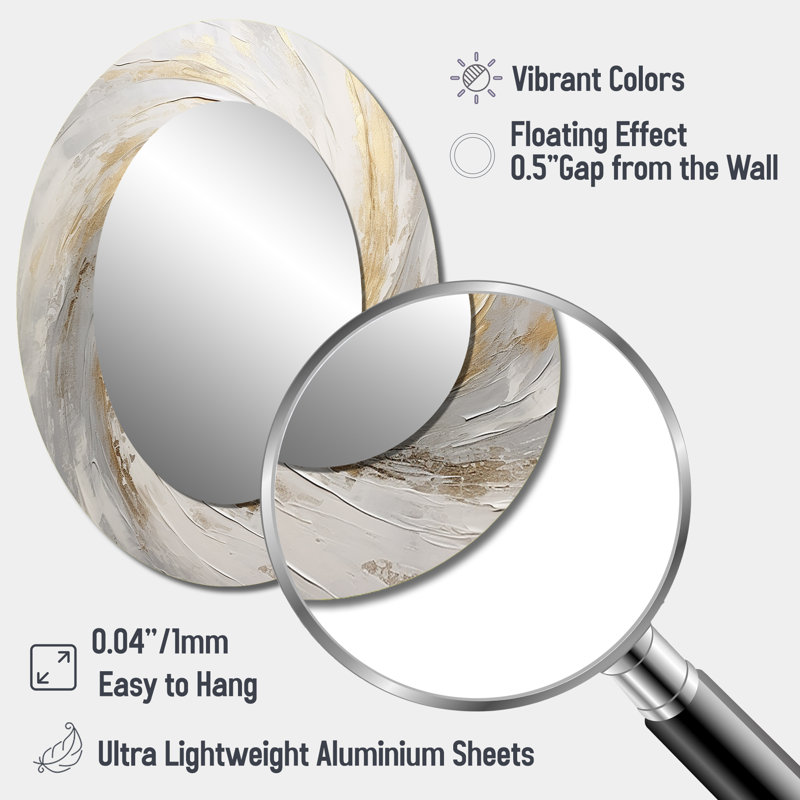 Gold And White Soft Wave Vortex V - Large Oval Wall Mirror On Metal, 40" x 30"