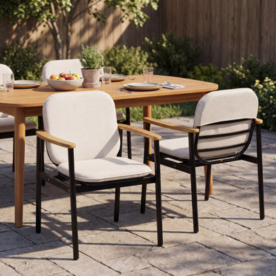 Cressa Modern Iron Frame Outdoor Dining Chair with Acacia Wood Armrests & Cushioned Seat