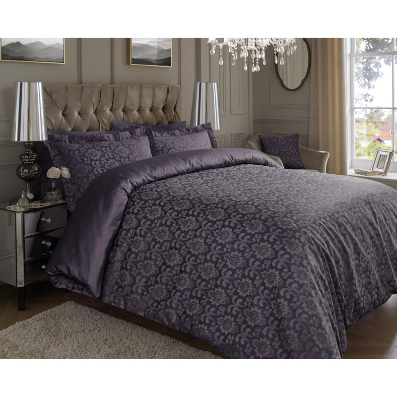 Statler Cotton Blend Damask Duvet Cover Set with Pillowcases, Plum, Double - 2 Standard Pillowcases