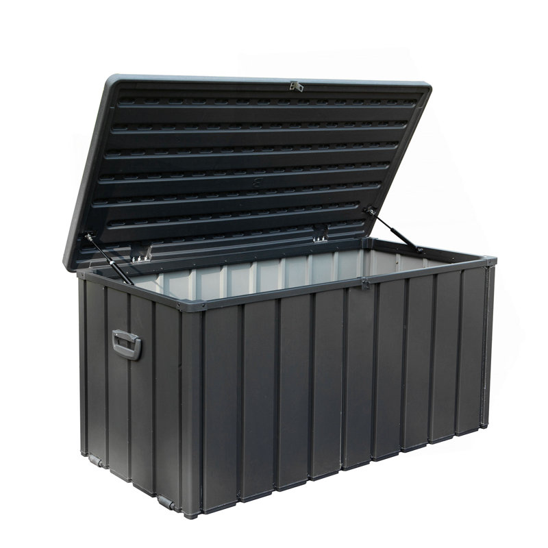 Boîte de rangement extérieure imperméable, grand bac de rangement pour patio pour coussins extérieurs, coussins décoratifs, outils de jardin, verrouillable (gris foncé)