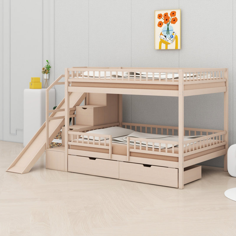 Cadre de lit superposé élégant pour enfants avec marches de rangement, glissade de jeu et rangement pratique pour les tiroirs