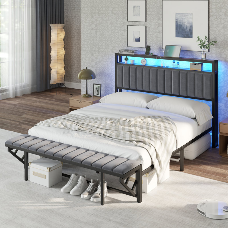 Ivy Bronx Queen Size Bed Frame With Folding Bench And Charging Station, Led Light,Storage Shelves, Gray, Queen