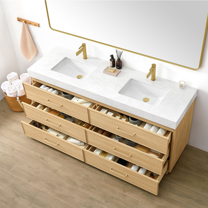 Ensemble de meuble-lavabo à double cuve 72 "en chêne foncé avec plateau en pierre composite Turin, 72"