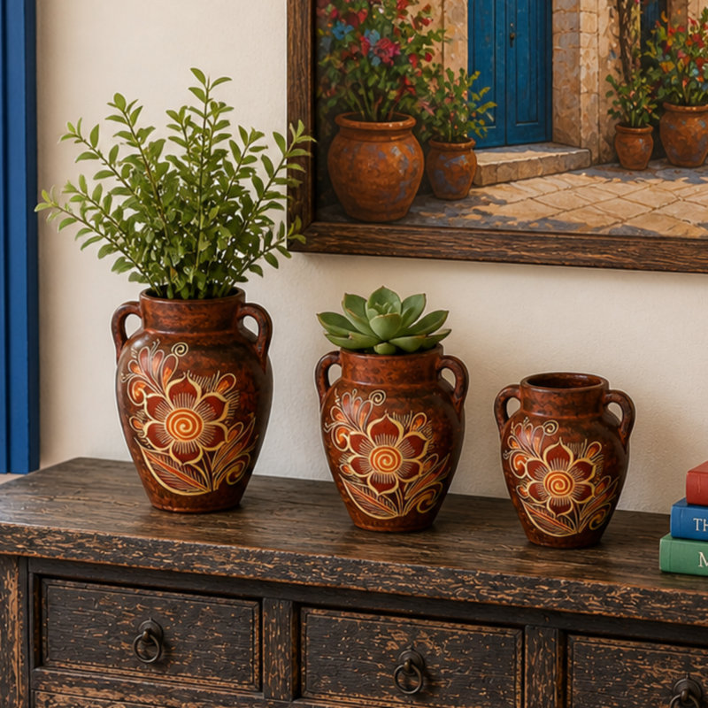 Set Of Three Handmade & Handpainted Clay Vases
