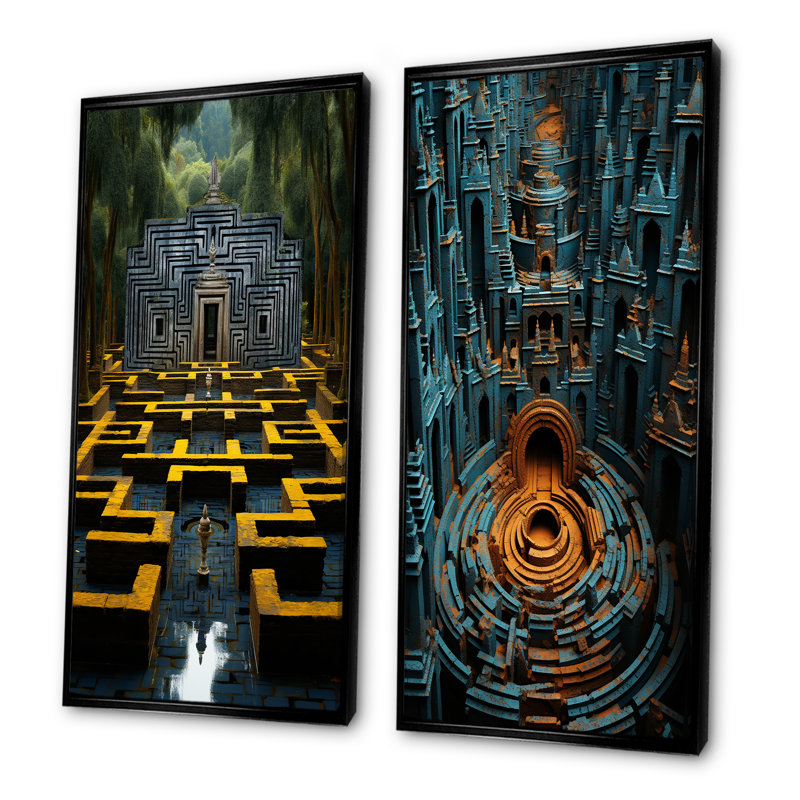 Ancienne pierre Maya gris et jaune labyrinthe II - ensemble de 2 reproductions d'art labyrinthe, Cadre flottant noir