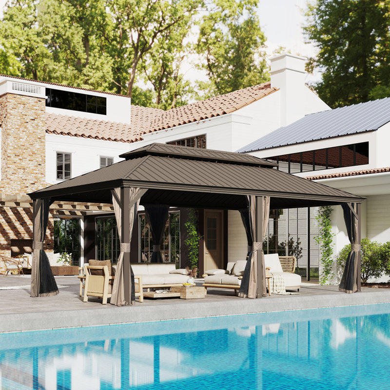 24 Ft. W x 14 Ft. D Galvanized Steel Patio Gazebo with Double Roof, Bronze, Brown