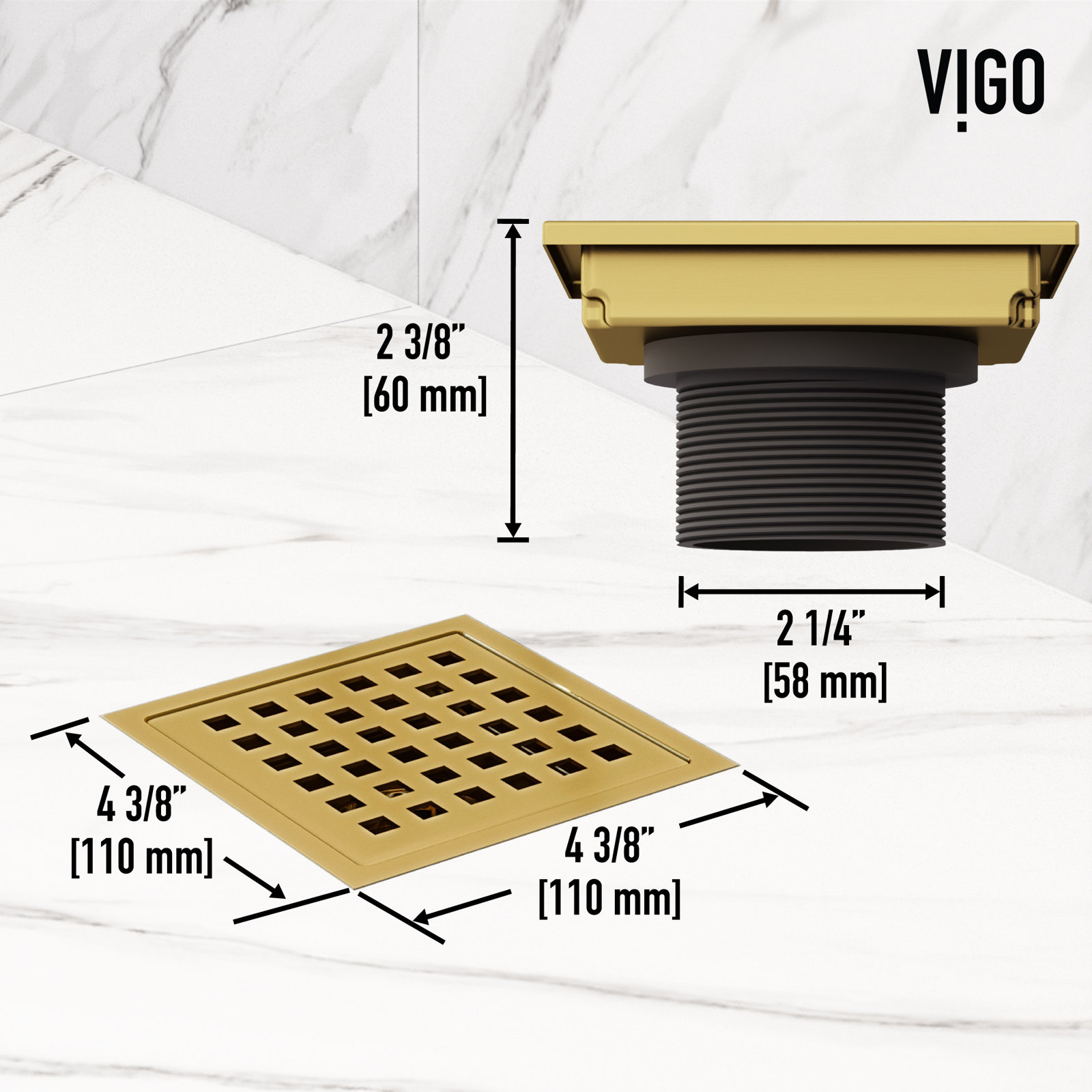 VIGO Elan Square Shower Drain, Matte Brushed Gold