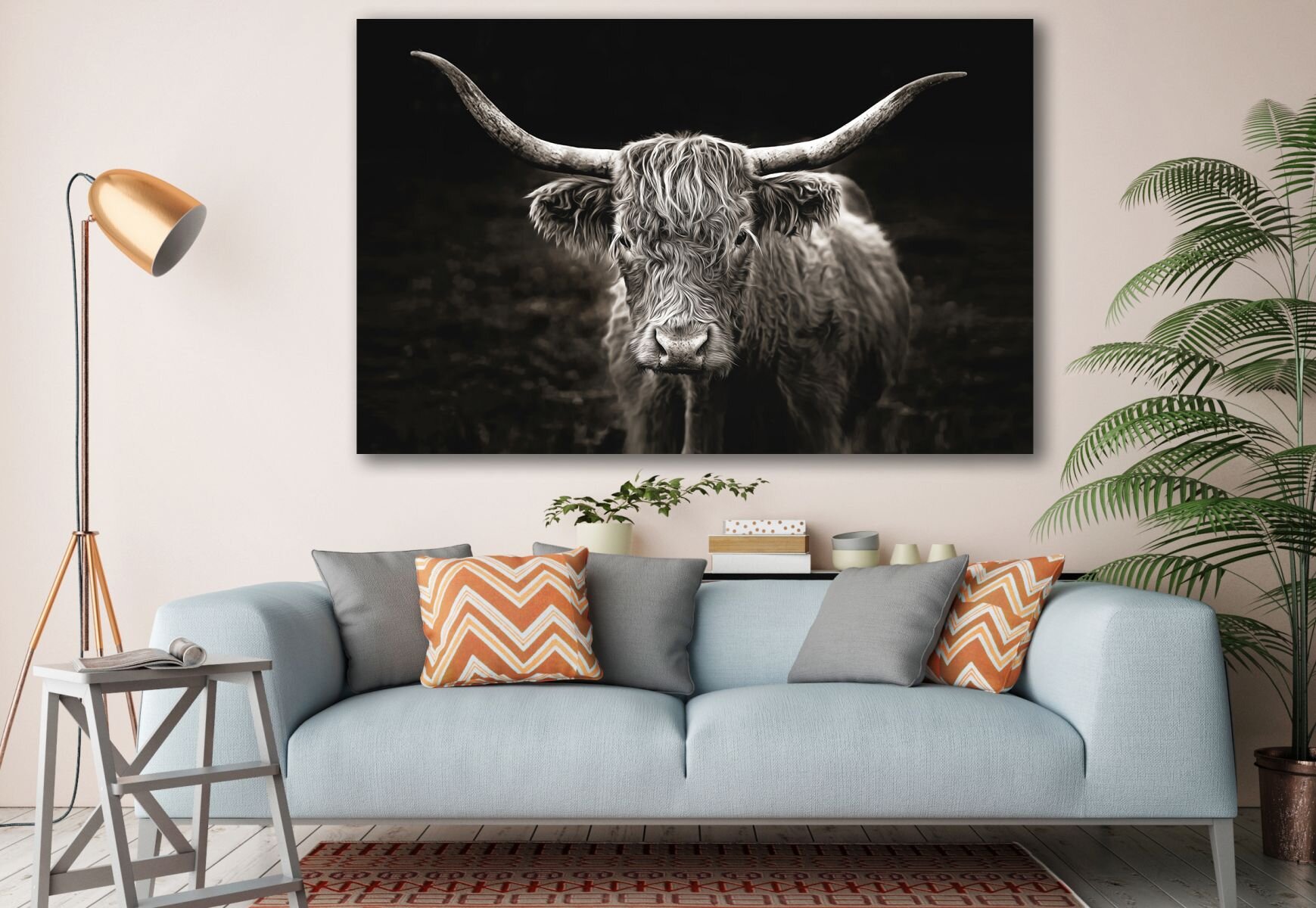 Bless international Long Haired Cow Black Background Print Rustic ...