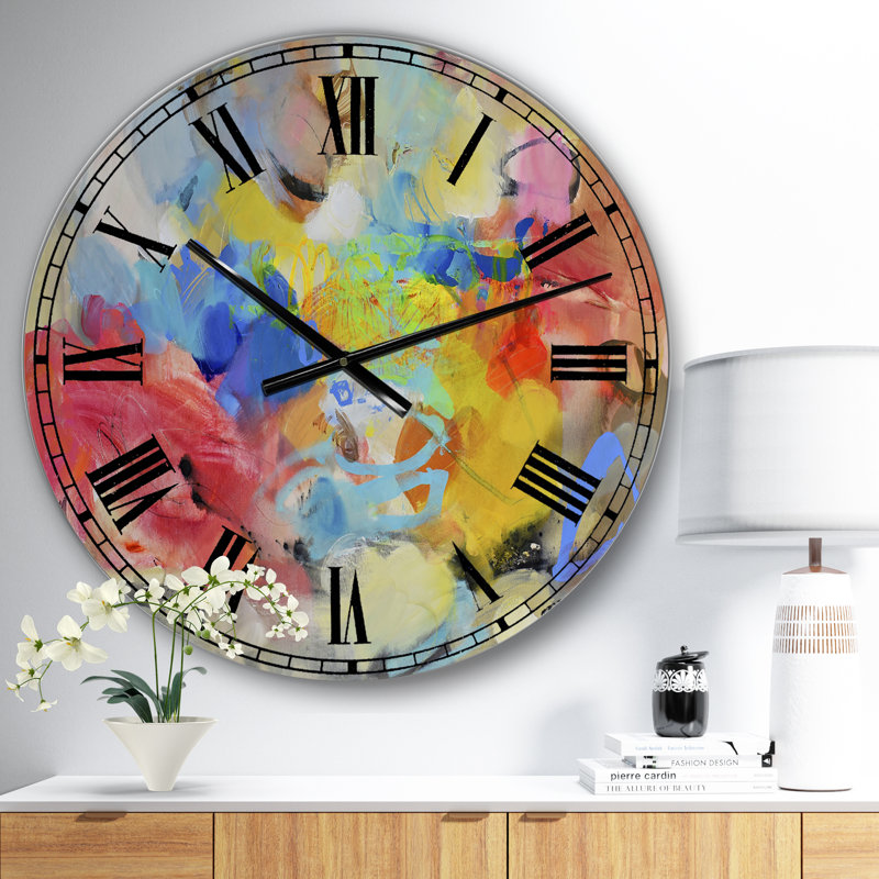 Horloge murale moderne surdimensionnée bleue et jaune Spatters III, Petit