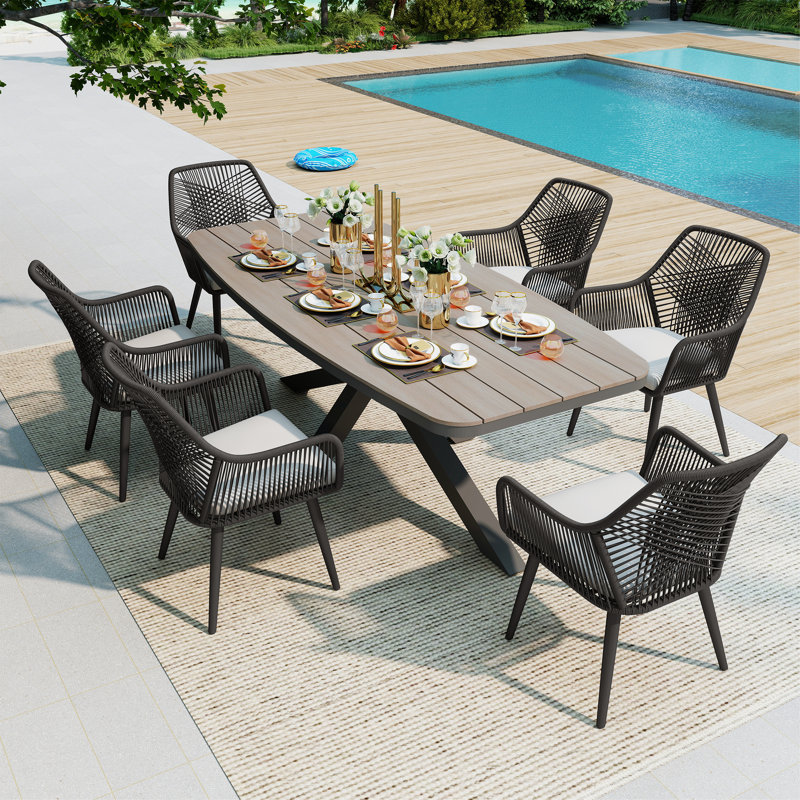 Outdoor 6-person Dining Set With Cushions, Beige, Gray/Light Gray
