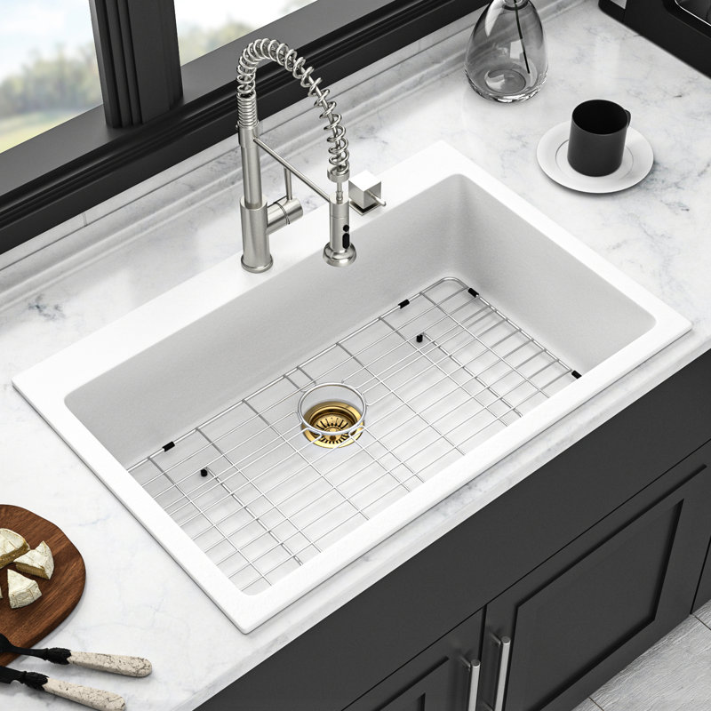 33X22" High - End Drop In White Quartz Kitchen Sink, And Quiet, Non Porous Surface Reduces Dirt, Rounded Corners For Quick Clean Up, Includes Basket Strainers Installation Accessories Keeps Tidy,