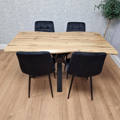Wooden Brown Dining Table with 4 Grey Velvet Chairs, Stylish Dining Room Furniture